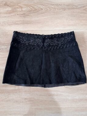 Wet Seal Black Suede Leather Mini Skirt with Embroidered Waist